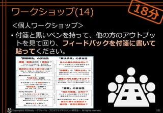 ワークショップ(14)
＜個人ワークショップ＞
• 付箋と黒いペンを持って、他の方のアウトプッ
トを見て回り、フィードバックを付箋に書いて
貼ってください。
Copyright© POStudy ～アジャイル・プロダクトマネジメント研究会～. All rights reserved. 101
 