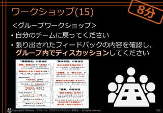 ワークショップ(15)
＜グループワークショップ＞
• 自分のチームに戻ってください
• 張り出されたフィードバックの内容を確認し、
グループ内でディスカッションしてください
Copyright© POStudy ～アジャイル・プロダクトマネジメント研究会～. All rights reserved. 102
 