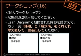 ワークショップ(16)
＜個人ワークショップ＞
• A3用紙を2枚用意してください。
• Lean Diagramで指摘された内容を踏まえて、
もう一度「課題」と「解決策」をそれぞれ
考え直して、書き出してください。
Copyright© POStudy ～アジャイル・プロダクトマネジメント研究会～. All rights reserved. 105
＜A3用紙＞
■解決策
xxxxxx
＜A3用紙＞
■課題
xxxxxx
 
