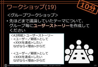 ワークショップ(19)
＜グループワークショップ＞
• 先ほどまで議論していたテーマについて、
グループ毎にユーザーストーリーを作成して
ください
Copyright© POStudy ～アジャイル・プロダクトマネジメント研究会～. All rights reserved. 125
＜A3用紙＞ユーザーストーリー
・<ユーザー／顧客>として
<XXXを達成>したい
なぜなら<理由>からだ
・<ユーザー／顧客>として
<XXXを達成>したい
なぜなら<理由>からだ
 