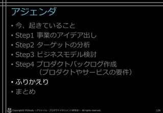 アジェンダ
• 今、起きていること
• Step1 事業のアイデア出し
• Step2 ターゲットの分析
• Step3 ビジネスモデル検討
• Step4 プロダクトバックログ作成
（プロダクトやサービスの要件）
• ふりかえり
• まとめ
Copyright© POStudy ～アジャイル・プロダクトマネジメント研究会～. All rights reserved. 126
 