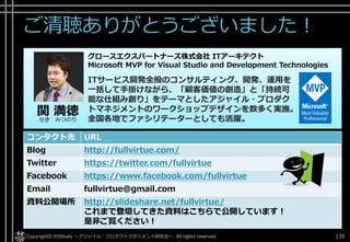 ご清聴ありがとうございました！
コンタクト先 URL
Blog http://fullvirtue.com/
Twitter https://twitter.com/fullvirtue
Facebook https://www.facebook.com/fullvirtue
Email fullvirtue@gmail.com
資料公開場所 http://slideshare.net/fullvirtue/
これまで登壇してきた資料はこちらで公開しています！
是非ご覧ください！
関 満徳せき みつのり
グロースエクスパートナーズ株式会社 ITアーキテクト
Microsoft MVP for Visual Studio and Development Technologies
ITサービス開発全般のコンサルティング、開発、運用を
一括して手掛けながら、「顧客価値の創造」と「持続可
能な仕組み創り」をテーマとしたアジャイル・プロダク
トマネジメントのワークショップデザインを数多く実施。
全国各地でファシリテーターとしても活躍。
Copyright© POStudy ～アジャイル・プロダクトマネジメント研究会～. All rights reserved. 139
 