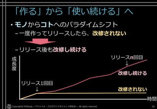 「作る」から「使い続ける」へ
• モノからコトへのパラダイムシフト
–一度作ってリリースしたら、改修されない
–リリース後も改修し続ける
Copyright© POStudy ～アジャイル・プロダクトマネジメント研究会～. All rights reserved. 16
リリース1回目
↓
リリースn回目
↓
成
長
度
改修されない
改修し続ける
時間
 