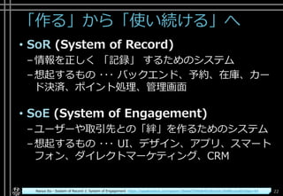 「作る」から「使い続ける」へ
• SoR (System of Record)
–情報を正しく 「記録」 するためのシステム
–想起するもの ･･･ バックエンド、予約、在庫、カー
ド決済、ポイント処理、管理画面
• SoE (System of Engagement)
–ユーザーや取引先との「絆」を作るためのシステム
–想起するもの ･･･ UI、デザイン、アプリ、スマート
フォン、ダイレクトマーケティング、CRM
Copyright© POStudy ～アジャイル・プロダクトマネジメント研究会～. All rights reserved. 22Naoya Ito - System of Record と System of Engagement https://speakerdeck.com/player/3be8af3598db45c6b16dc19a98ccecd6?slide=4#
 