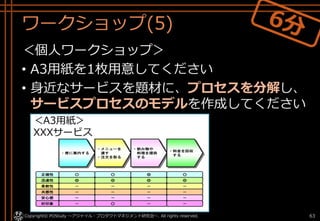 ワークショップ(5)
＜個人ワークショップ＞
• A3用紙を1枚用意してください
• 身近なサービスを題材に、プロセスを分解し、
サービスプロセスのモデルを作成してください
Copyright© POStudy ～アジャイル・プロダクトマネジメント研究会～. All rights reserved. 63
＜A3用紙＞
XXXサービス
 
