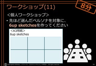 ワークショップ(11)
＜個人ワークショップ＞
• 先ほど選んだペルソナを対象に、
6up sketchesを作ってください
Copyright© POStudy ～アジャイル・プロダクトマネジメント研究会～. All rights reserved. 94
＜A3用紙＞
6up sketches
 