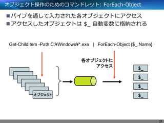 オブジェクト操作のためのコマンドレット: ForEach-Object
パイプを通して入力された各オブジェクトにアクセス
アクセスしたオブジェクトは $_ 自動変数に格納される
21
Get-ChildItem -Path C:¥Windows¥*.exe | ForEach-Object {$_.Name}
オブジェクト
$_
$_
$_
$_
各オブジェクトに
アクセス
 