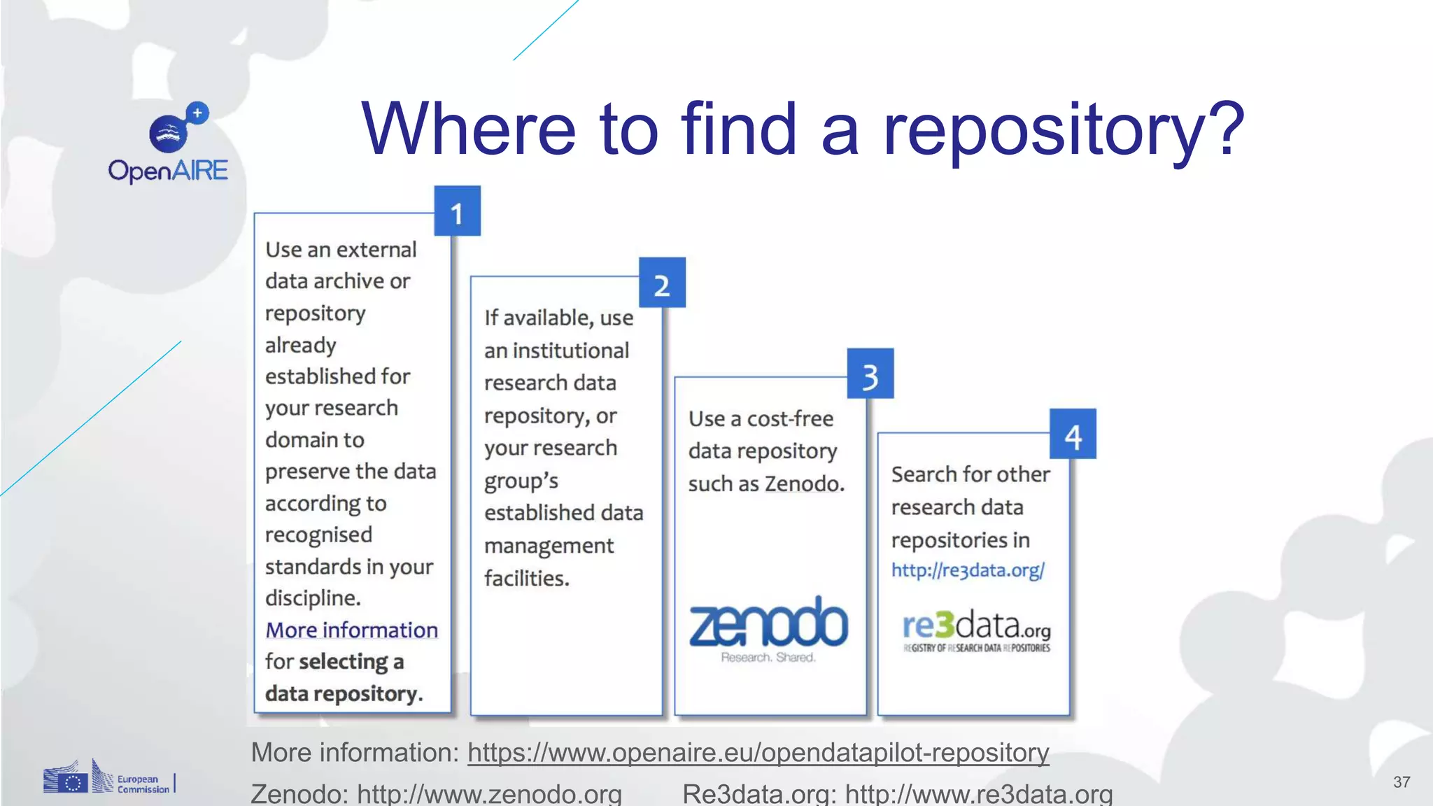 Where to find a repository?
More information: https://www.openaire.eu/opendatapilot-repository
Zenodo: http://www.zenodo.org Re3data.org: http://www.re3data.org
37
 