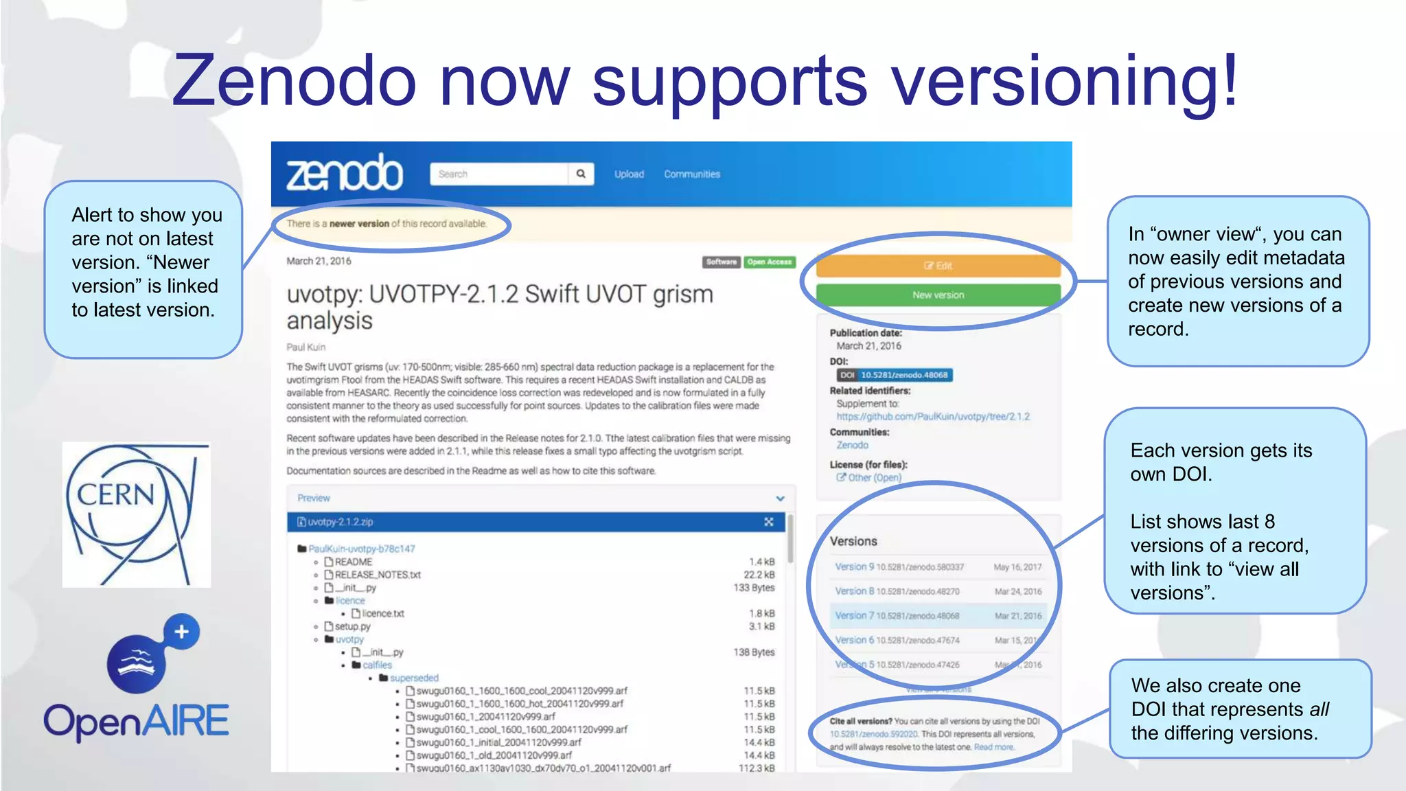 Zenodo now supports versioning!
Alert to show you
are not on latest
version. “Newer
version” is linked
to latest version.
In “owner view“, you can
now easily edit metadata
of previous versions and
create new versions of a
record.
Each version gets its
own DOI.
List shows last 8
versions of a record,
with link to “view all
versions”.
We also create one
DOI that represents all
the differing versions.
 