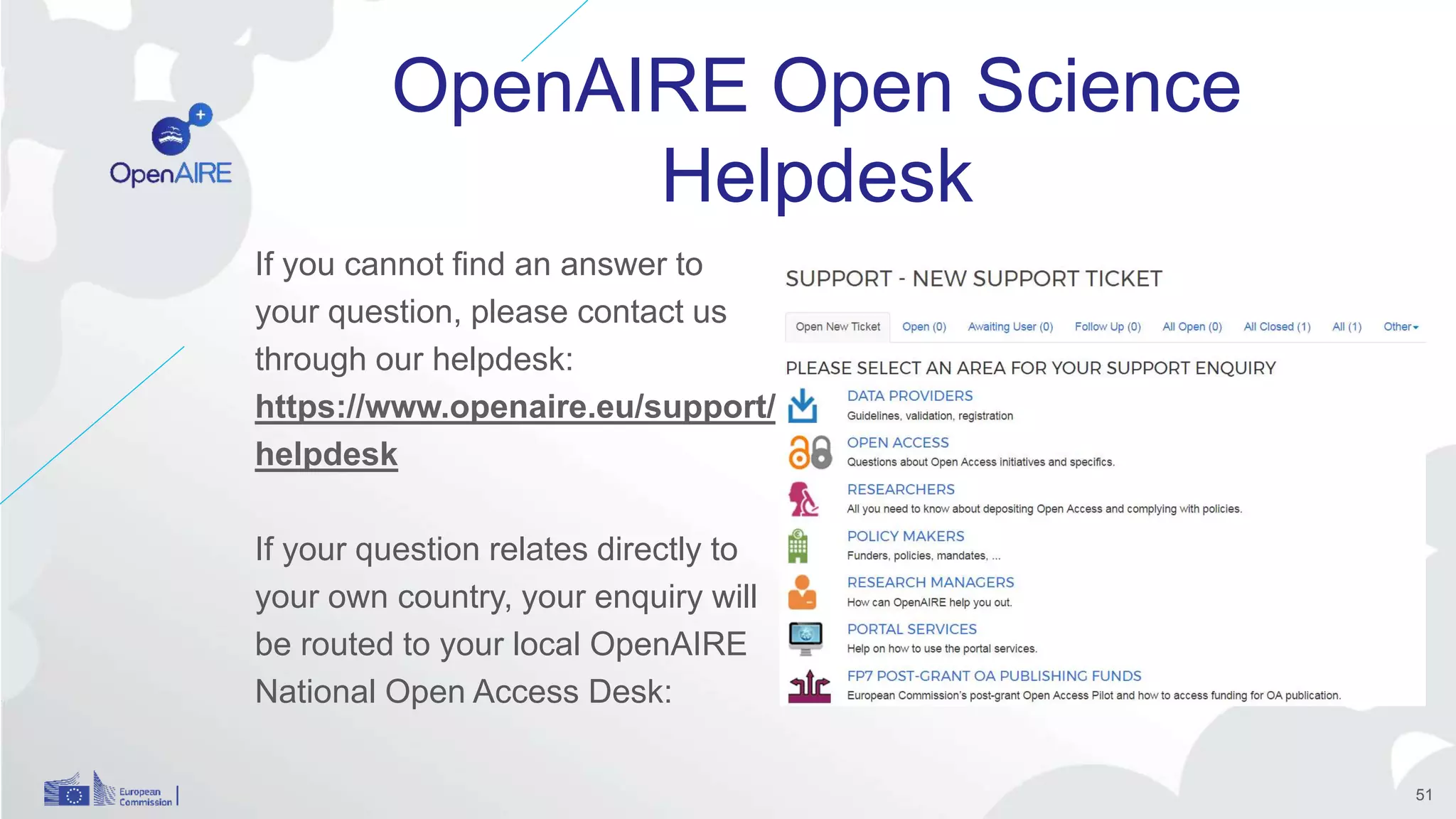 OpenAIRE Open Science
Helpdesk
If you cannot find an answer to
your question, please contact us
through our helpdesk:
https://www.openaire.eu/support/
helpdesk
If your question relates directly to
your own country, your enquiry will
be routed to your local OpenAIRE
National Open Access Desk:
51
 