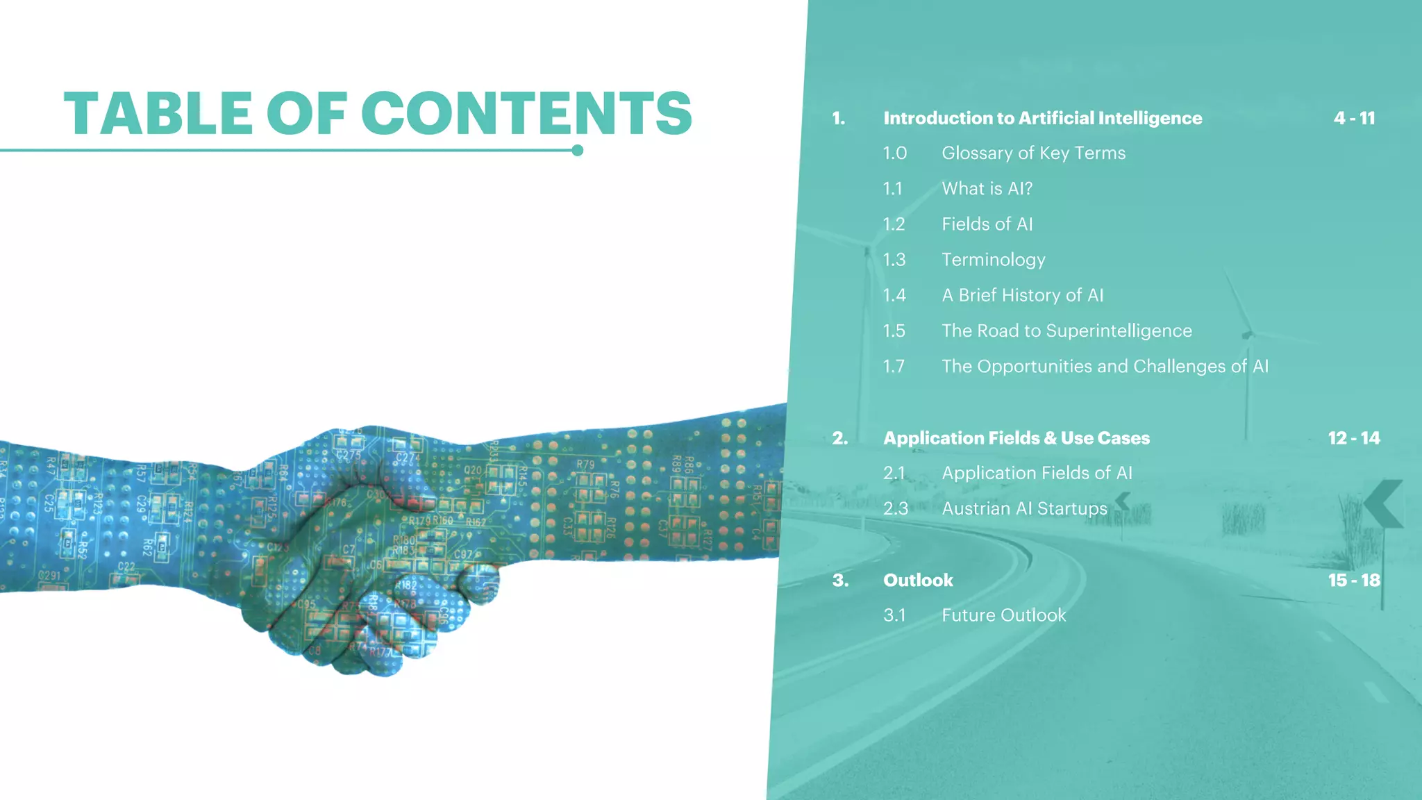 TABLE OF CONTENTS
2
1. Introduction to Artificial Intelligence 4 - 11
1.0 Glossary of Key Terms
1.1 What is AI?
1.2 Fields of AI
1.3 Terminology
1.4 A Brief History of AI
1.5 The Road to Superintelligence
1.7 The Opportunities and Challenges of AI
2. Application Fields & Use Cases 12 - 14
2.1 Application Fields of AI
2.3 Austrian AI Startups
3. Outlook 15 - 18
3.1 Future Outlook
 