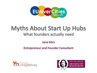 Myths	About	Start	Up	Hubs
What	founders	actually	need
Jana	Görs
Entrepreneur	and	Founder	Consultant
 