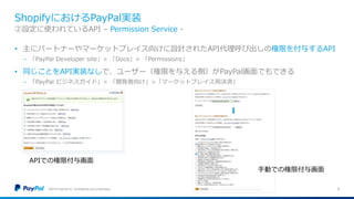 ShopifyにおけるPayPal実装
©2016 PayPal Inc. Confidential and proprietary. 8
②設定に使われているAPI – Permission Service -
• 主にパートナーやマーケットプレイス向けに設計されたAPI代理呼び出しの権限を付与するAPI
− 「PayPal Developer site」> 「Docs」> 「Permissions」
• 同じことをAPI実装なしで、ユーザー（権限を与える側）がPayPal画面でもできる
− 「PayPal ビジネスガイド」> 「開発者向け」>「マーケットプレイス用決済」
APIでの権限付与画面
手動での権限付与画面
 