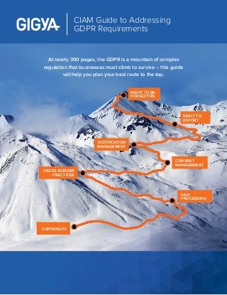 CIAM Guide to Addressing
GDPR Requirements
At nearly 300 pages, the GDPR is a mountain of complex
regulation that businesses must climb to survive – this guide
will help you plan your best route to the top.
RIGHT TO BE
FORGOTTEN
RIGHT TO
EXPORT
NOTIFICATION
MANAGEMENT
CONSENT
MANAGEMENT
FAIR
PROCESSING
CROSS-BORDER
PRACTICES
DEFINING PII
 