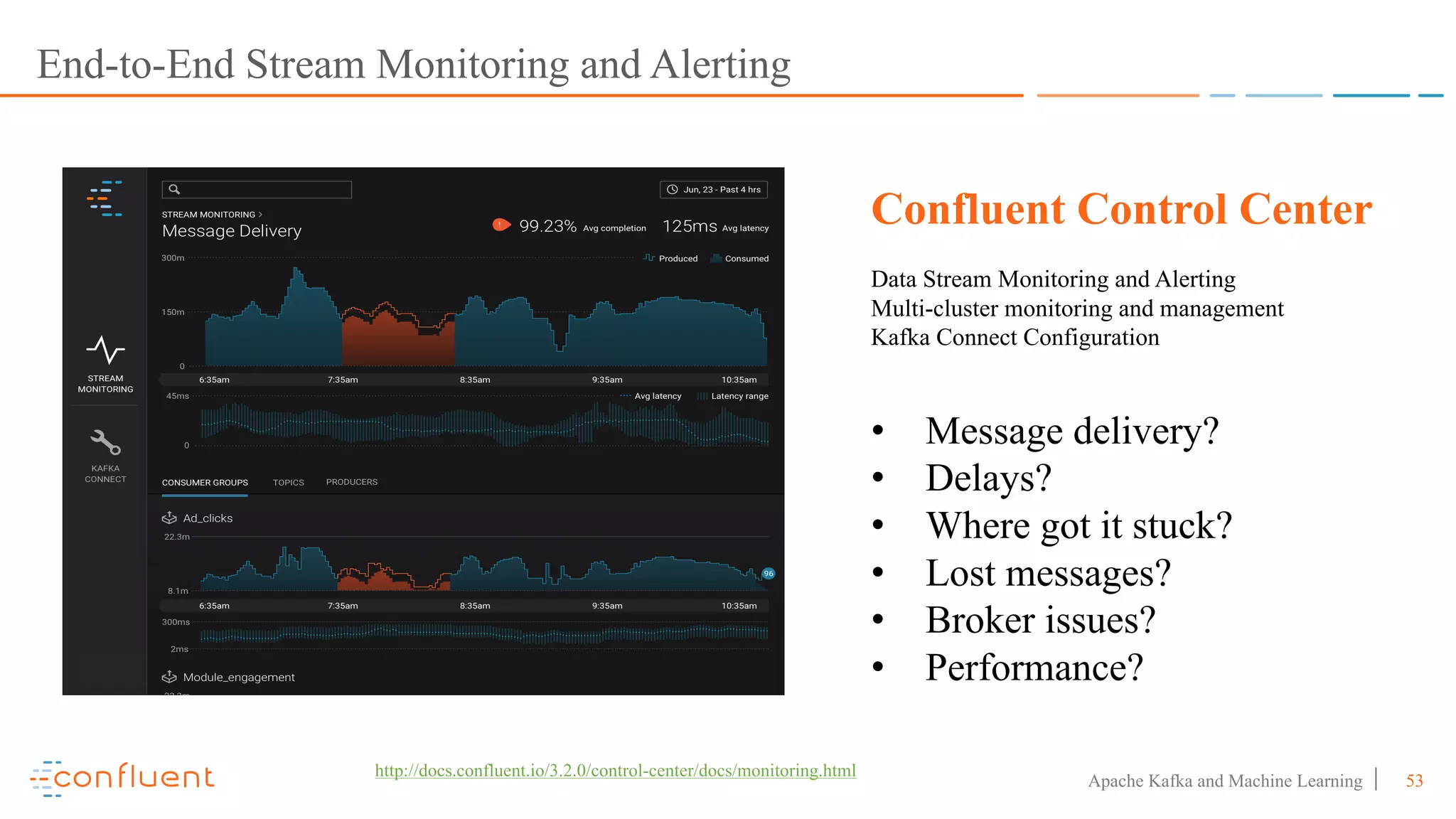 53Apache Kafka and Machine Learning
End-to-End Stream Monitoring and Alerting
Confluent Control Center
Data Stream Monitoring and Alerting
Multi-cluster monitoring and management
Kafka Connect Configuration
• Message delivery?
• Delays?
• Where got it stuck?
• Lost messages?
• Broker issues?
• Performance?
http://docs.confluent.io/3.2.0/control-center/docs/monitoring.html
 