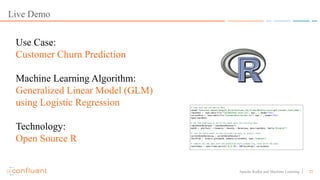 25Apache Kafka and Machine Learning
Live Demo
Use Case:
Customer Churn Prediction
Machine Learning Algorithm:
Generalized Linear Model (GLM)
using Logistic Regression
Technology:
Open Source R
 