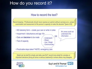 How to record the test?
Record keeping: “Professionals should never express an opinion without carrying out a proper
examination and assessment of the person’s capacity to make the decision” [para 4.52]
• NO statutory form – create your own or write in notes
• Impairment / disturbance and age 16+
• Date and decision to be made
• Test of capacity
Mr Jones could not
understand the
information . . .
- Understand
- Retain
- Use / Weigh
- Communicate
OR
• Practicable steps taken? NOTE: emergency care
Detail can be brief for simple and daily care BUT record more detail for complex or
important decisions [living at home or serious treatment] or where others may disagree
How do you record it?
 