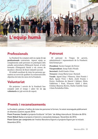 Memòria 2016 23
La Fundació, gràcies a l'esforç de totes les persones la formen, ha estat reconeguda públicament
en diverses ocasions aquest 201 6:
Premi Francesc Candel al projecte EcoSocial "el Caliu" de diàleg intercultural. Octubre de 201 6.
Premi Bóboli Suma al projecte d'atenció a necessitats bàsiques. Novembre de 201 6.
Premi Córrer per compromís de l'Institut Barcelona Esports al projecte Esport per la inclusió.
Desembre 201 6.
La Fundació ha comptat amb un equip de 22
professionals contractats. Aquest equip es
complementa amb persones en pràctiques dels
estudis universitaris d'Educació Social, el cicle
formatiu d'Integració Social o els cursos de
monitor o director de lleure infantil i juvenil.
El treball coordinat de totes les persones ga-
ranteix un servei de qualitat i la consecució dels
objectius de totes les àrees de la Fundació.
El patronat és l'òrgan de govern,
administració i representació de la Fundació.
Està format per:
President: Xavier Campà i de Ferrer
Vicepresident: Josep Tuñí i Picado
Secretari: Jordi Camós i Grau
Tresorer: Josep Maria Loza i Xuriach
Vocals: Agustí Llop i Vilanova, Lluís Framis i
Bach, Ignasi Vives i Bach, Jordi Framis i
Ferrer, Guillermo de Querol i Salimei, Núria
Valdivieso i Font, Francesc Güell i Alert,
Cristina Manresa Rovira, Nacho Castella Casas
i Lluís Portabella d’Alós.
Els projectes i serveis de la Fundació han
comptat amb el temps i saber fer de 99
voluntaris en 336 serveis de suport.
L'equip humà
Premis i reconeixements
PatronatProfessionals
Voluntariat
 