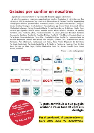 Aquest any hem comptat amb el suport de 176 donants i 325 col·laboracions.
A  totes  les  persones,  empreses,  organitzacions,  escoles,  fundacions  i  col·lectius  que  heu 
col·laborat, AMPA Jesuïtes de Casp, Associació d’Exempleats de Caixes d'Estalvis, Associació de 
veïns Sagrada Família, Ajuntament de Montmeló, Bureau Vallée, Restaurant Braseria Gallega, C. 
Ciudad Condal, Càrniques Masó, Cat 2007 Passeig Gracia 54, Centre Català Comercial, Clínica 
Oftalmològica Tetuán, Col·legi de Jesús i Maria, Col·legi Santa Teresa de Lisieux, Dirpler Zone, 
Esclavas  del  Sagrado  Corazón,  Escola  Shalom,  Escola  Padre  Damián,  Farmàcia  La  Rambla, 
Farmàcia  Unió,  Fundació  Altran,  Fundació  Bancària  «la  Caixa»,  Fundació  Bizcabar,  Fundació 
Empresarial  Catalana,  Fundación  Famílias  Unidas,  Fundació  Fèlix  Llobet,  Fundació  Francesc 
Carbó  Cotal,  Fundació  Privada  Cottet­Mor,  Fundació  Probitas,  Fundación  Humanitaria  de  los 
Rotarios  Españoles,  Gesiuris  Real  Estate,  Olis  Bargalló,  Llibreria  Oryx,  Matrimonis  de  Sarrià, 
Parròquia  Pare  Manyanet,  Hermandad  del  Rocío,  Palau  Güell.  Diputació  de  Barcelona, 
Parròquia  Sant  Jordi,  Parròquia  Santa  Maria  de  Barberà,  Pastisseria  Neugem,  Forn  de  Sant 
Joan,  Forn  de  pa  Ribes  Pagès,  Recinte  Modernista.  Sant  Pau,  Revista  Som­hi,  Saint  Peter’s 
School, Tibidabo.
A totes i a tots, moltes gràcies!
Fes el teu donatiu al compte número:
ES78 - 2100 - 3063 - 92 - 2200049350
FES UN DONATIU!
www.fgavina.org/dona
93 442 66 83
Ajuda'ns a millorar
la realitat de molts
infants
Tu pots contribuir a que puguin
arribar a volar tant alt com ells
desitgin
Gràcies per conﬁar en nosaltres
 