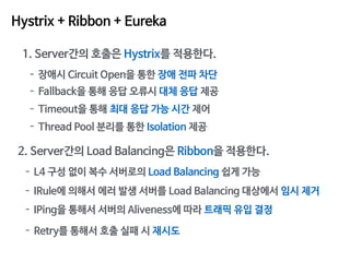 Hystrix + Ribbon + Eureka
1. Server간의 호출은 Hystrix를 적용한다.
- 장애시 Circuit Open을 통한 장애 전파 차단
- Fallback을 통해 응답 오류시 대체 응답 제공
- ...