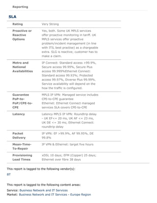 Reporting
Rating Very Strong
Proactive or
Reactive
Options
Yes, both. Some UK MPLS services
offer proactive monitoring in tariff. UK
MPLS services offer proactive
problem/incident management (in line
with ITIL best practise) as a chargeable
extra. SLG is reactive; customer has to
make a claim.
Metro and
National
Availabilities
IP Connect: Standard access >99.9%,
Secure access 99.99%, Secure Plus
access 99.999%Ethernet Connect:
Standard access 99.93%; Protected
access 99.97%, Diverse Plus 99.99%.
Service availability will depend on the
how the traffic is configured.
Guarantee
PoP-to-
PoP/CPE-to-
CPE
MPLS IP VPN: Managed service includes
CPE-to-CPE guarantee
Ethernet: Ethernet Connect managed
services SLA covers CPE-to-CPE
Latency Latency MPLS IP VPN: Roundtrip delay
- UK EF<= 20 ms, UK AF <= 23 ms,
UK DE <= 30 ms; Ethernet Connect:
roundtrip delay
Packet
Delivery
IP VPN: EF >99.9%, AF 99.95%, DE
99.8%
Mean-Time-
To-Repair
IP VPN & Ethernet: target five hours
Provisioning
Lead Times
xDSL 10 days; EFM (Copper) 25 days;
Ethernet over fibre 38 days
SLA
This report is tagged to the following vendor(s):
BT
This report is tagged to the following content areas:
Service: Business Network and IT Services
Market: Business Network and IT Services - Europe Region
 