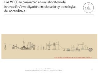 Los MOOC se convierten en un laboratorio de
innovación/investigación en educación y tecnologías
del aprendizaje
Experiencias con los MOOC
Colaboración entre los grupos GRIAL (USAL), LITI (UPM) y GIDTIC (UNIZAR)
11
https://pixabay.com/es/laboratorio-la-ciencia-cient%C3%ADficos-512503/
 