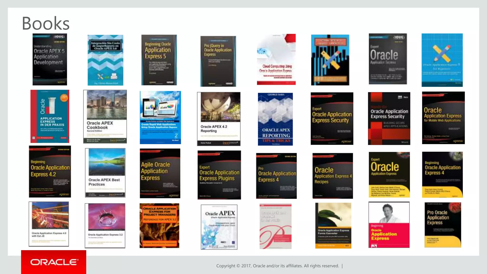 Copyright © 2017, Oracle and/or its affiliates. All rights reserved. |
Books
 