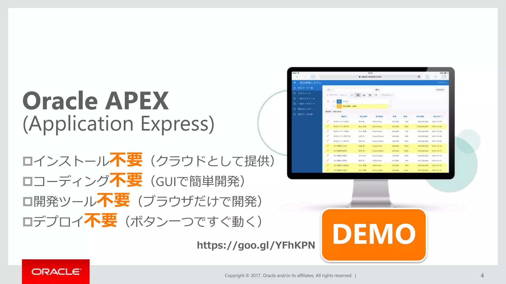 Copyright © 2017, Oracle and/or its affiliates. All rights reserved. |
Oracle APEX
(Application Express)
インストール不要（クラウドとして提供）
コーディング不要（GUIで簡単開発）
開発ツール不要（ブラウザだけで開発）
デプロイ不要（ボタン一つですぐ動く）
DEMO
4
https://goo.gl/YFhKPN
 