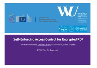 Self-Enforcing Access Control for Encrypted RDF
Javier D. Fernández,Sabrina Kirrane, Axel Polleres,Simon Steyskal
ESWC 2017– Portorož
 