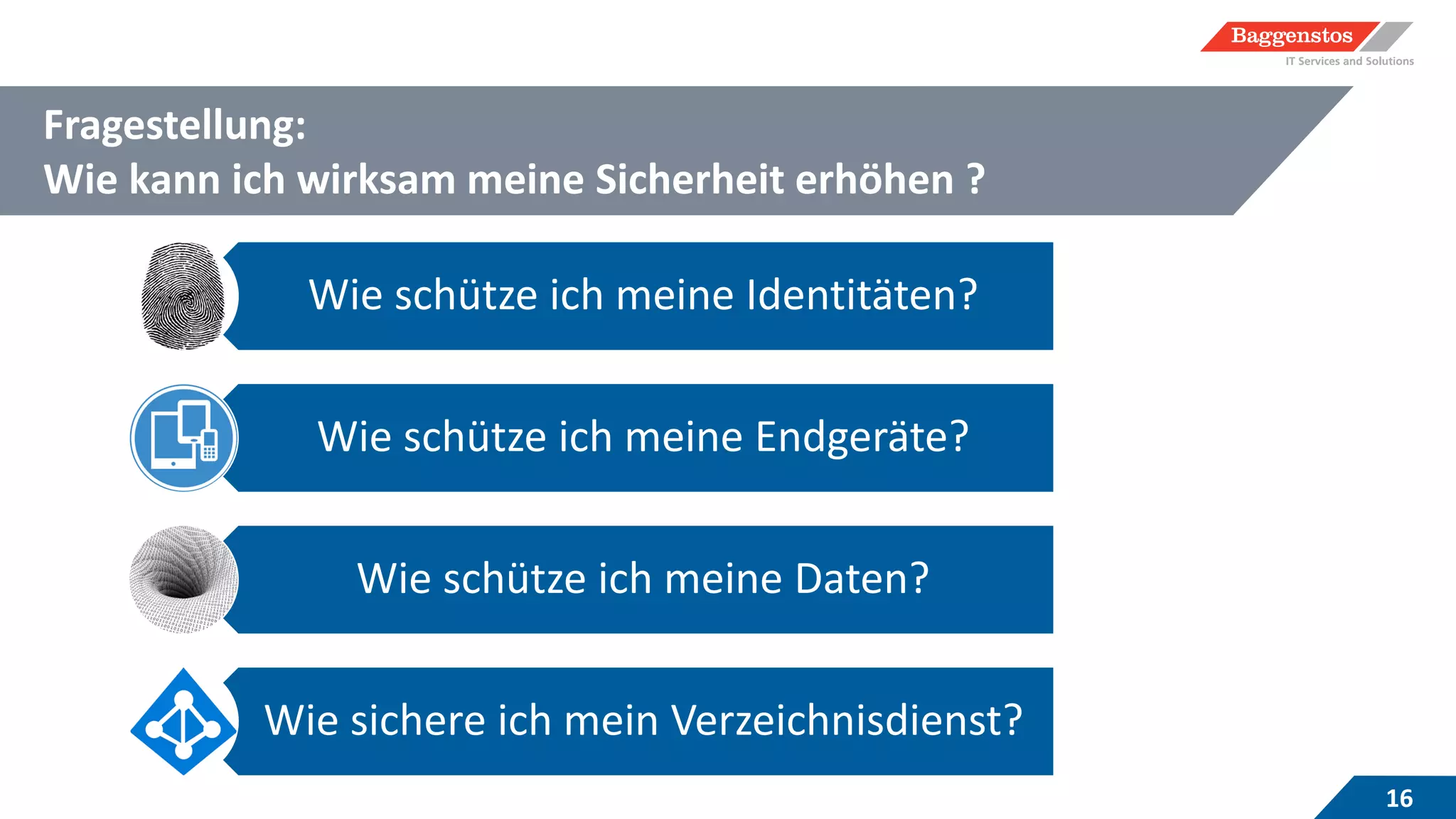 Fragestellung:
Wie kann ich wirksam meine Sicherheit erhöhen ?
16
Wie schütze ich meine Identitäten?
Wie schütze ich meine Endgeräte?
Wie schütze ich meine Daten?
Wie sichere ich mein Verzeichnisdienst?
 