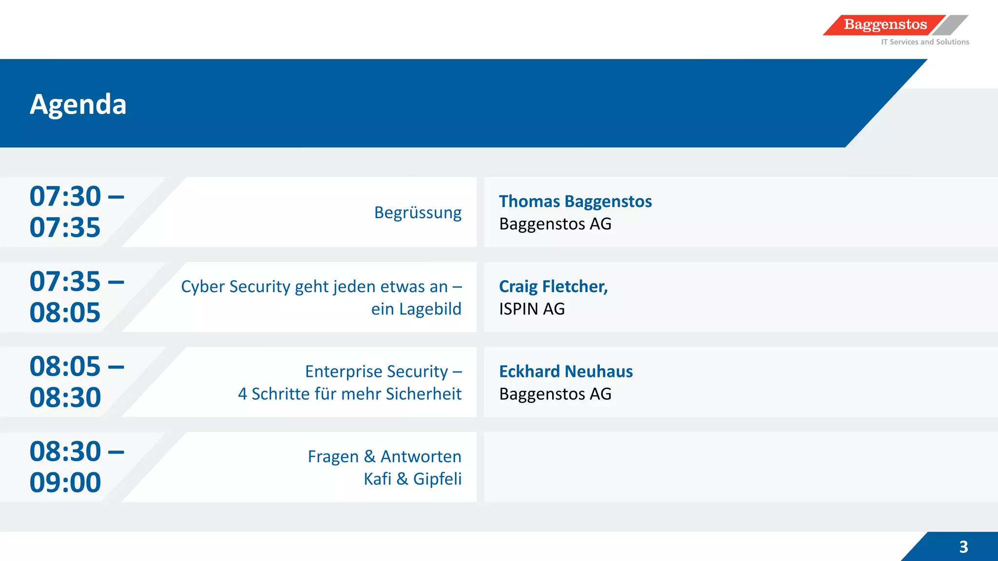 Agenda
3
07:30 –
07:35
Begrüssung
Thomas Baggenstos
Baggenstos AG
Craig Fletcher,
ISPIN AG
Eckhard Neuhaus
Baggenstos AG
07:35 –
08:05
Cyber Security geht jeden etwas an –
ein Lagebild
08:05 –
08:30
Enterprise Security –
4 Schritte für mehr Sicherheit
08:30 –
09:00
Fragen & Antworten
Kafi & Gipfeli
 