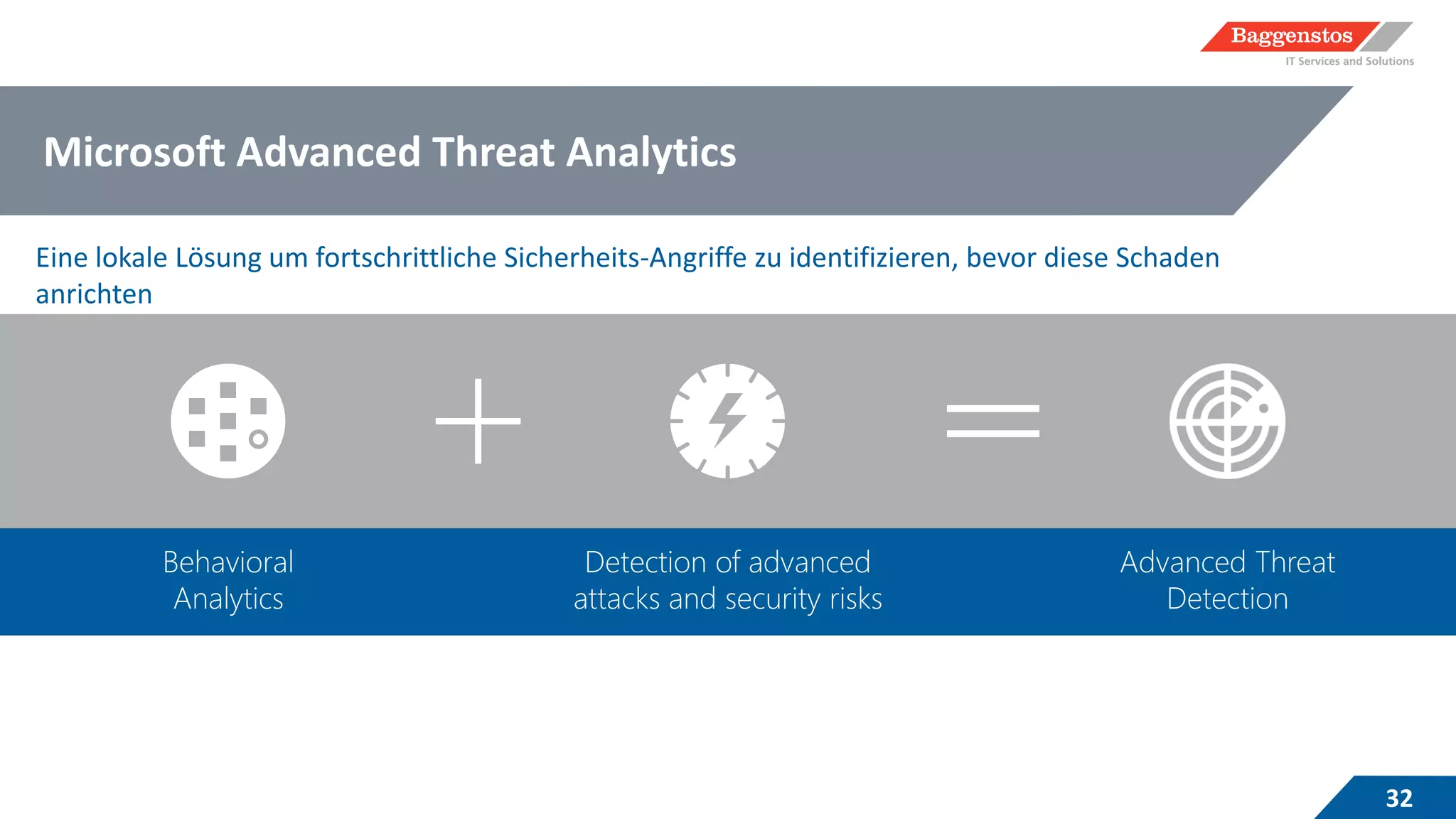 Microsoft Advanced Threat Analytics
32
Eine lokale Lösung um fortschrittliche Sicherheits-Angriffe zu identifizieren, bevor diese Schaden
anrichten
Behavioral
Analytics
Detection of advanced
attacks and security risks
Advanced Threat
Detection
 