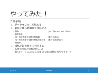 やってみた！
予測手順
1. データをじっくり眺める
2. 判別に使う特徴量を抽出する
◦ 敬称 (Mr. / Master / Mrs. / Miss)
◦ 客室等級
◦ 同一の旅券番号を持つ乗客数 (本人を含む)
◦ 同一の旅券番号を持つ乗客の生存率 (本人を含まない)
◦ 乗船港
3. 機械学習を使って判別する
◦ SVM を利用して分類 (RBF kernel)
◦ 超パラメータ (gamma, cost) は 10-fold 交差検定でグリッドサーチ
2017-06-02 社内勉強会 10
 