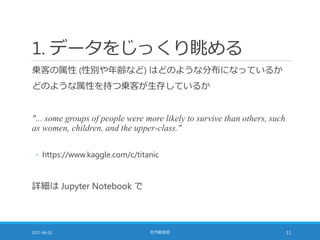 1. データをじっくり眺める
乗客の属性 (性別や年齢など) はどのような分布になっているか
どのような属性を持つ乗客が生存しているか
"... some groups of people were more likely to survive than others, such
as women, children, and the upper-class."
◦ https://www.kaggle.com/c/titanic
詳細は Jupyter Notebook で
2017-06-02 社内勉強会 11
 