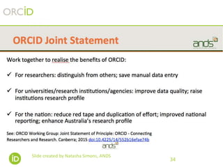 THE ORCID COMMUNITY
• すでに世界中で340万人以上の研究者がORCIDを利用し
ています。（2017年5月現在、最新情報はこちらを参照
https://orcid.org/statistics）
• 40カ国から650以上の機関がORCIDメンバーとして加入
しています。
• 10カ国以上でコンソーシアムが結成され、国・地域レベ
ルでの取り組みが始まっています。（UK, Denmark,
Finland, Netherlands, Belgium, Germany, Italy, Taiwan,
Australia, New Zealand, Canada and 4 regional consortia
in the US）
• 300以上のシステムがORCIDを採用し、出版社、大学・
研究機関、研究助成機関、学協会などにより提供されて
います。
34
 