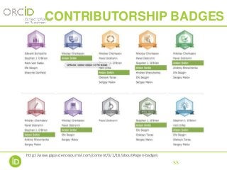 55
CONTRIBUTORSHIP BADGES
http://www.gigasciencejournal.com/content/3/1/18/about#open-badges
 