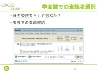 学会誌での査読者選択
• 誰を査読者として選ぶか？
• 査読者の業績確認
62
 