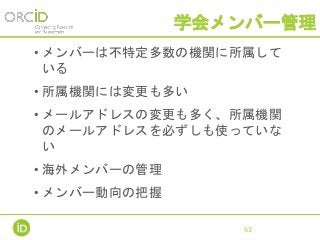 学会メンバー管理
• メンバーは不特定多数の機関に所属して
いる
• 所属機関には変更も多い
• メールアドレスの変更も多く、所属機関
のメールアドレスを必ずしも使っていな
い
• 海外メンバーの管理
• メンバー動向の把握
63
 