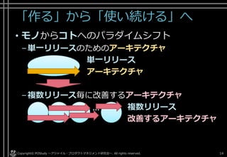 「作る」から「使い続ける」へ
• モノからコトへのパラダイムシフト
–単一リリースのためのアーキテクチャ
単一リリース
アーキテクチャ
–複数リリース毎に改善するアーキテクチャ
複数リリース
改善するアーキテクチャ
Copyright© POStudy ～アジャイル・プロダクトマネジメント研究会～. All rights reserved. 14
…
 