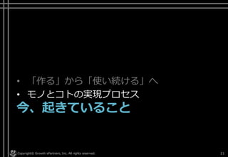 • 「作る」から「使い続ける」へ
• モノとコトの実現プロセス
今、起きていること
Copyright© Growth xPartners, Inc. All rights reserved. 21
 