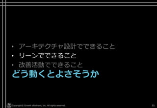 • アーキテクチャ設計でできること
• リーンでできること
• 改善活動でできること
どう動くとよさそうか
Copyright© Growth xPartners, Inc. All rights reserved. 55
 