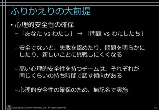 ふりかえりの大前提
• 心理的安全性の確保
–「あなた vs わたし」 → 「問題 vs わたしたち」
–安全でないと、失敗を認めたり、問題を明らかに
したり、新しいことに挑戦しにくくなる
–高い心理的安全性を持つチームは、それぞれが
同じくらいの持ち時間で話す傾向がある
–心理的安全性の確保のため、無記名で実施
Copyright© Growth xPartners, Inc. All rights reserved. 75
 