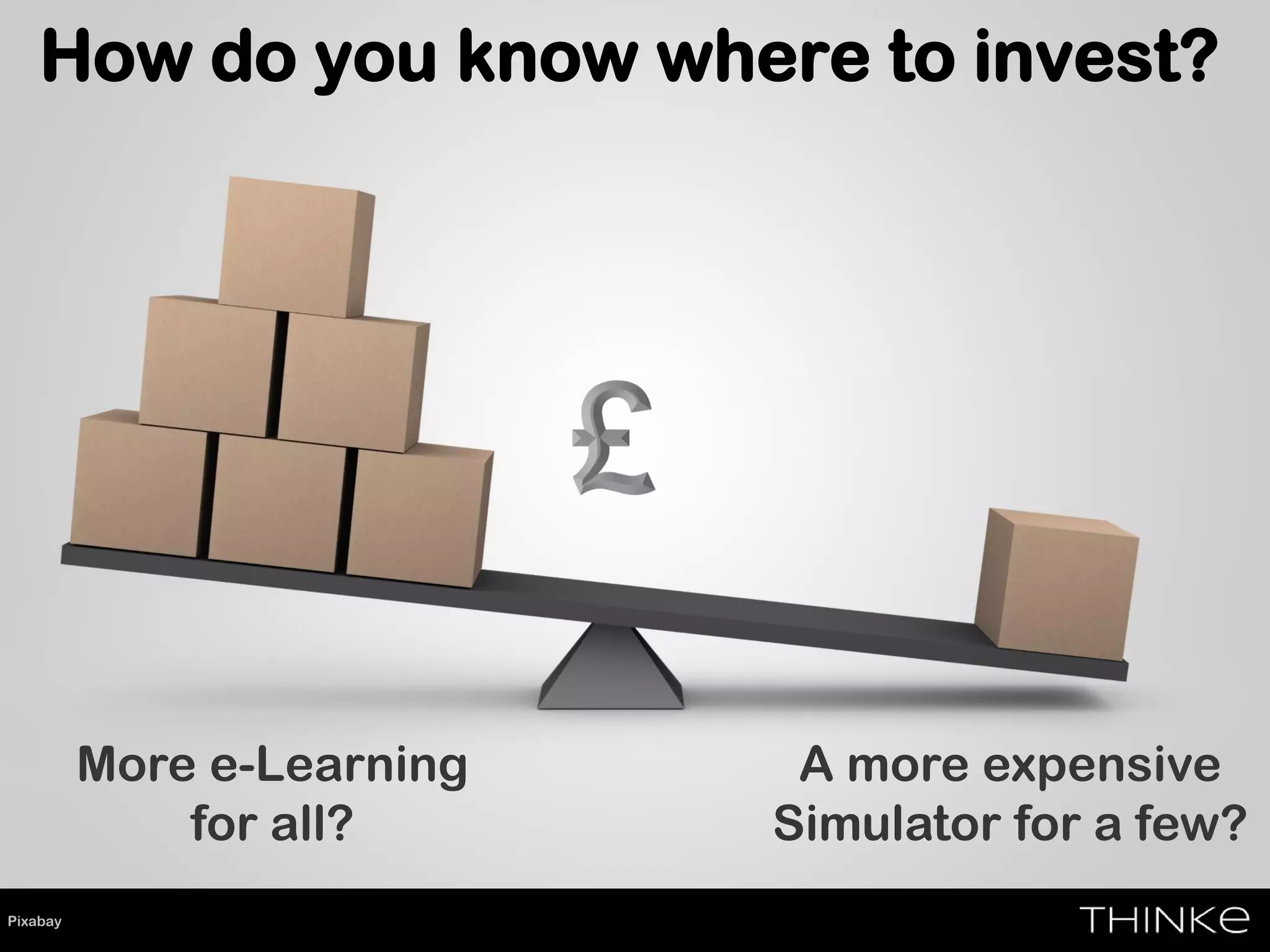 How do you know where to invest?
Pixabay
More e-Learning
for all?
A more expensive
Simulator for a few?
 