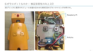 なぜ今ロボットなのか： 検証容易性の向上 2/2
14
3Dプリンタと既存のモジュールを組み合わせたBOCCOのプロトタイピングの例です。
Raspberry Pi
Arduino
 