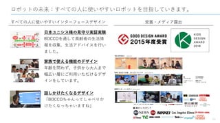 ロボットの未来：すべての人に使いやすいロボットを目指していきます。
23
すべての人に使いやすいインターフェースデザイン
日本ユニシス様の見守り実証実験
BOCCOを通して高齢者の生活情
報を収集、生活アドバイスを行い
ました。
話しかけたくなるデザイン
「BOCCOちゃんってしゃべりか
けたくなっちゃいますね」
家族で使える機能のデザイン
年齢を問わず、子供から大人まで
幅広い層にご利用いただけるデザ
インをしています。
受賞・メディア露出
 