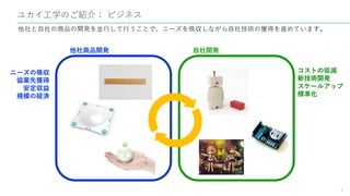 ユカイ工学のご紹介： ビジネス
3
他社と自社の商品の開発を並行して行うことで、ニーズを吸収しながら自社技術の獲得を進めています。
他社商品開発 自社開発
ニーズの吸収
協業先獲得
安定収益
規模の経済
コストの低減
新技術開発
スケールアップ
標準化
 