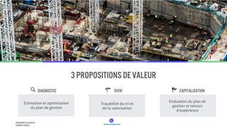 www.verteego.com
Comprendre aujourd’hui
ConnaÎtre demain
3 propositions de valeur
DIAGNOSTIC
Estimation et optimisation
du plan de gestion
SUIVI
Traçabilité du tri et
de la valorisation
Capitalisation
Evaluation du plan de
gestion et retours
d’expérience
 