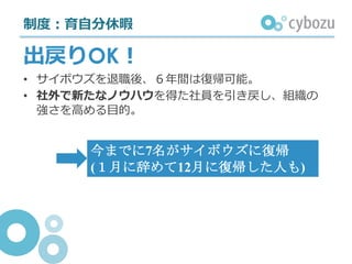 制度：育⾃分休暇
出戻りOK！
• サイボウズを退職後、６年間は復帰可能。
• 社外で新たなノウハウを得た社員を引き戻し、組織の
強さを⾼める⽬的。
今までに7名がサイボウズに復帰
(１月に辞めて12月に復帰した人も)
 
