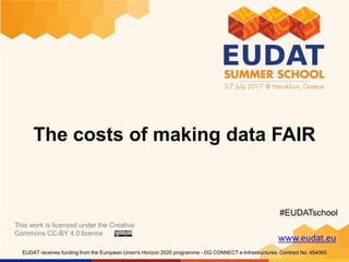 www.eudat.eu
EUDAT receives funding from the European Union's Horizon 2020 programme - DG CONNECT e-Infrastructures. Contract No. 654065
The costs of making data FAIR
This work is licensed under the Creative
Commons CC-BY 4.0 licence
#EUDATschool
 