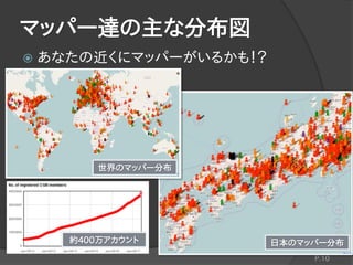 マッパー達の主な分布図
 あなたの近くにマッパーがいるかも！？
P.10
日本のマッパー分布
世界のマッパー分布
約400万アカウント
 